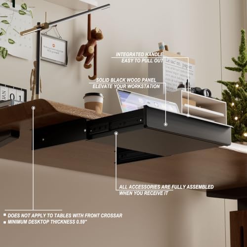 Under Desk Drawer, Black Solid Wood Panel – Sturdy Ball Bearing Slides, Easy Under-Desk Mount, Integrated Handle, Desktop Organizer for Office & Home Workstation