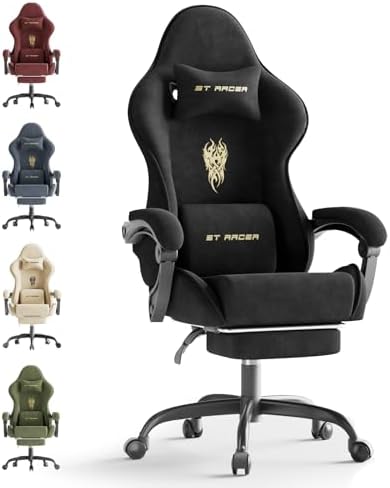 Huracan Velvet Ergonomic Office Gaming Chair for Home Use, High‑Back Reclining Computer Chair with Footrest Massage Lumbar Support, Adjustable Racing Desk Chairs for Streaming Work, Black