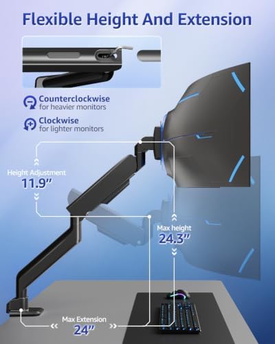 MOUNTUP Heavy Duty Monitor Arm, Single Monitor Mount for 57" Ultrawide Monitor, Supports 4.4–66 lbs, Large Monitor Arm with Full Motion Adjustment, Monitor Stand for Desk, Max VESA 100x100mm