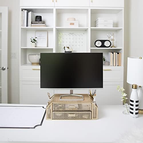 BLU MONACO | Monitor Stand with Drawer Storage | Desk Top Monitor Stand Riser Gold | Computer Support Organizer Elevador de Monitor