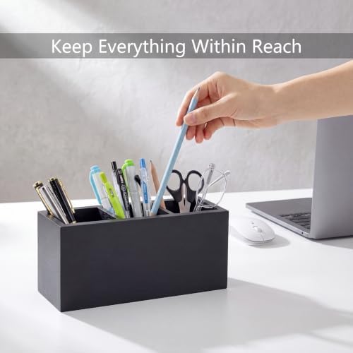 Wood Pen Holder for Desk with 3 Slots (Ash Black)