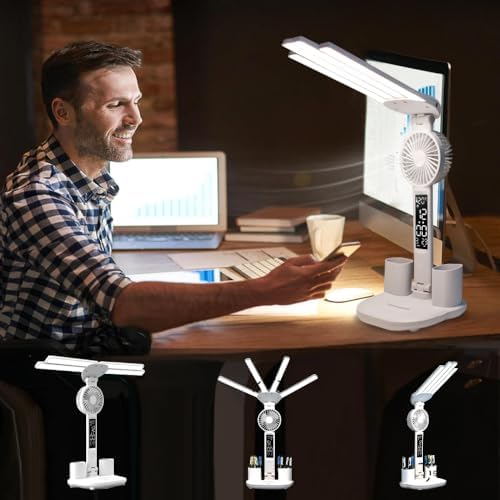 Foldable Led Desk Lamp with Fan Clock Light Study, 3 Lighting Modes, Adjustable Table Lamp Dimmable Eye Caring Reading Lamp for Home Office College Dorm Bedroom Bedside