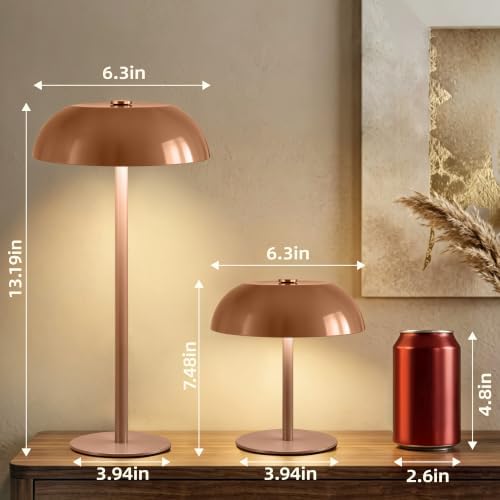 2 Pack Portable LED Mushroom Table Lamp, 12H Cordless Metal Night Light with Rechargeable Battery, Stepless Dimmable 3 Colors Desk Lamp for Bedroom Bar Coffee Shop(Camel)