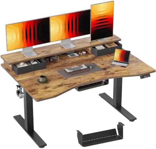 TIQLAB 55''*28''Standing Desk with Drawers&Cable Management, Rustic Brown