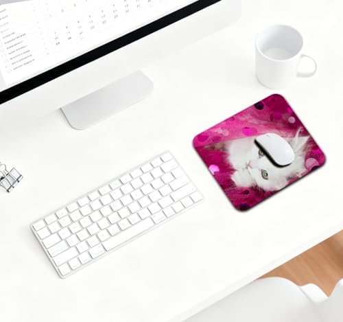 9.5x7.9 Inch Office/Gaming Mouse Pad, Lovely White Fluffy Kitten in Pink Glitter Sparkle Tulle Adorable Cat Pet, Cute Anti-Slip Mat for Desk Decor