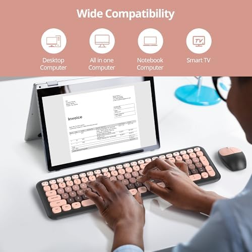 Surmen Cute Colorful Keyboard and Mouse Wireless Silent, Full-Size Retro Typewriter Wireless Quiet Black and Pink Keyboard Low-Noise 2.4GHz for Computer, Desktop, Laptop(6-Heimei)