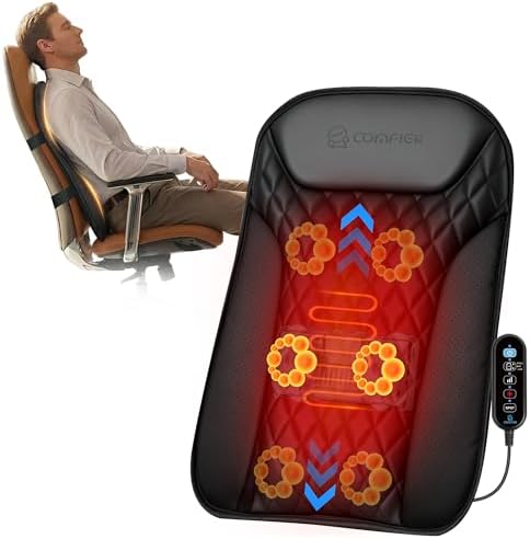 COMFIER 2026 Upgrade Ultra-Slim Heated Back Massager for Chair,Up–Down Moving 10 Massage Nodes,Deep Tissue Shiatsu Back Massager with Heat,Upper/Lower/Full Back Relief,Gift for Women & Men