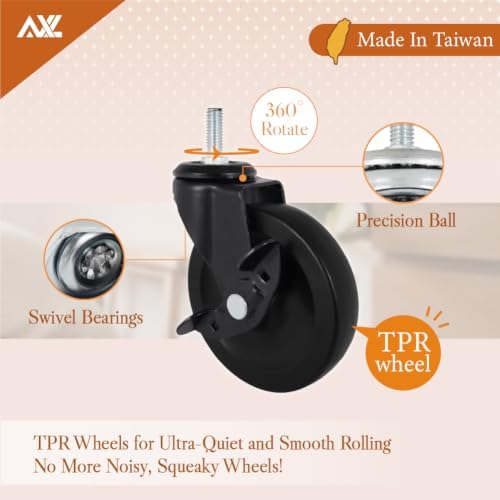 4 Inch Caster Wheels 3/8 Threaded Stem Caster Wheels, Heavy Duty Rubber Industrial Swivel Wheels for Workbenches, Carts, Shelving (4 Pack, 2 with Brake)