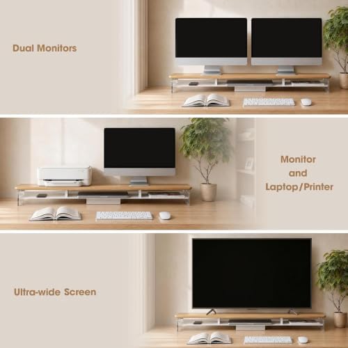 Fenge 42.5" Dual Monitor Stand with Clear Acrylic Legs, Dark Oak