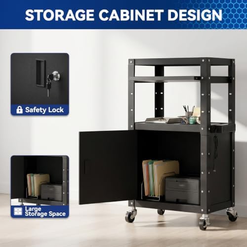 Mobile AV Cart with Cabinet Adjustable Height Computer Cart Rolling Media Utility Cart Heavy Duty with 4 Outlets & Pullout Keyboard Tray Mobile Computer Workstation with Lock Brake Wheels