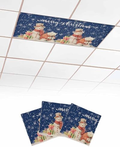 Christmas Magnetic Fluorescent Light Covers for Ceiling Lights 2 x 4 Feet,Retro Snowflakes Snowman Bear Farmhouse Blue Office Classroom Kitchen Drop Ceiling Light Covers Filters Shade Panel 3 Packs