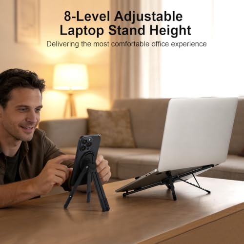 3-in-1 Portable Laptop Stand with Magnetic Phone Holder, Black