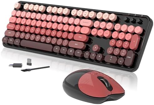 Wireless Keyboard and Mouse, 104 Round Keycaps Retro Typewriter