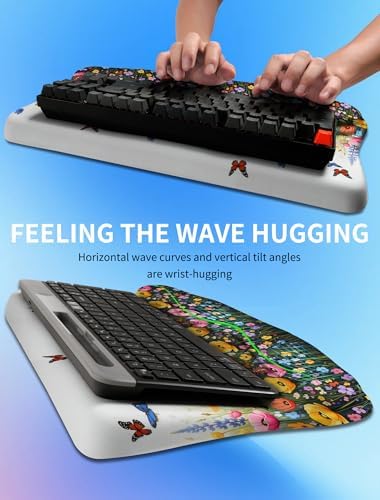 Ergonomic Wave Wrist Rest with Keyboard Stand, Cushioned Palm Rest, Comfortable Integrated Memory Foam for Natural Typing and Relieve Wrist Pain, Flowers and Butterflies