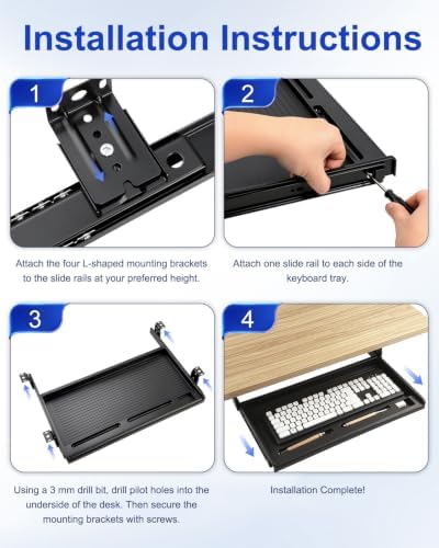jojofuny Under Desk Keyboard Tray, Slide-Out Drawer with Pen Organizer