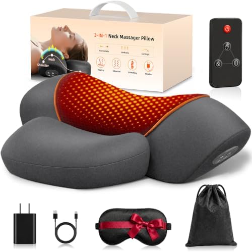 3 in-1 Cordless Neck Massager Pillow with Heat, Vibration, Remote Control