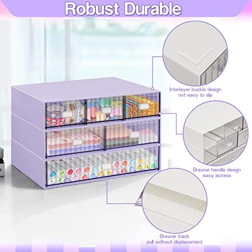 3 Tier Stackable Desk Organizer with 6 Drawers, Plastic Desktop Storage Box Drawers, Detachable Makeup Storage Office Stationery Supplies Organizer for Office School(Purple)