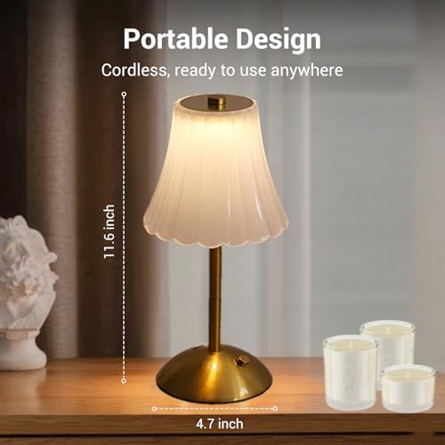 Cordless Table Lamps for Home,Table,Dining Room, Gold Rechargeable Lamps, USB Charge 12'' Tall LED Brass Portable Outdoor Indoor Table Lamp with Built-in Dimmer (Milky)