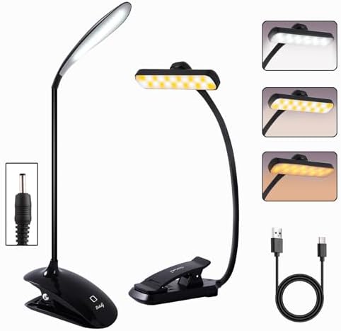 2PCS LED Rechargeable Book Light for Reading with Memory Function- Eye Caring 3 Color Temperatures, Reading Light 5 Brightness Levels, 80 Hrs Runtime Flexible Goose Neck Clip on Desk Lamp