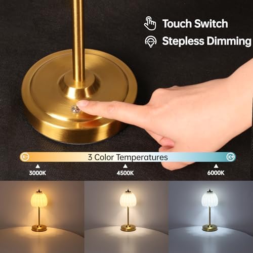 Shenmoyl Tulip Table Lamp with 5000mAh Battery & Touch Control, Cordless Table Lamp with 3 Colors, Dimmable Rechargeable Table Lamps for Bedroom, Nightstands, Living Room, Entryways (White Tulip)