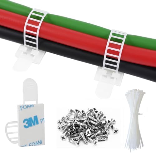 100Pcs Adhesive Cable Management Clips with 50Pcs Zip Ties, Adjustable Nylon Cable Strap Ties Wire Clips Clamps Organizer, Extra Screw & Hole - 3.55 Inch White