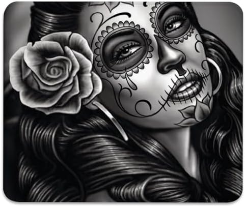Monochrome Sugar Skull Portrait with Rose Mouse Pad, Durable Desk Mat