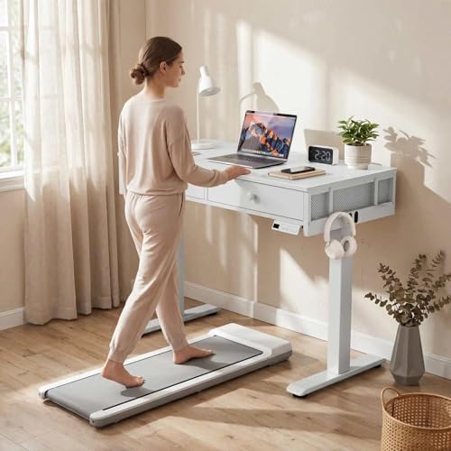 White Electric Standing Desk with Drawers, 32 Inch Small Adjustable Desk with Storage, Stand Up Computer Study Writing Desks for Small Space Home Office Bedroom, Sit Stand Work Desks for Walking Pad