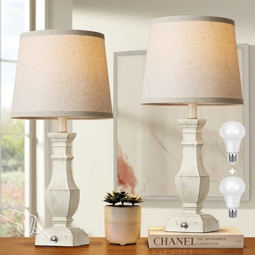 ROTTOGOON Dimmable Table Lamps Set of 2, Rustic Farmhouse Table Lamps for Living Room Bedroom, Bedside Desk Lamps for End Tables, Touch Lamps for Nightstand, 9W Bulbs Included, 22", Antique White