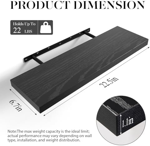 BAYKA Black Floating Shelves 22.5in, Set of 2, Wall Mounted for Wall Decor