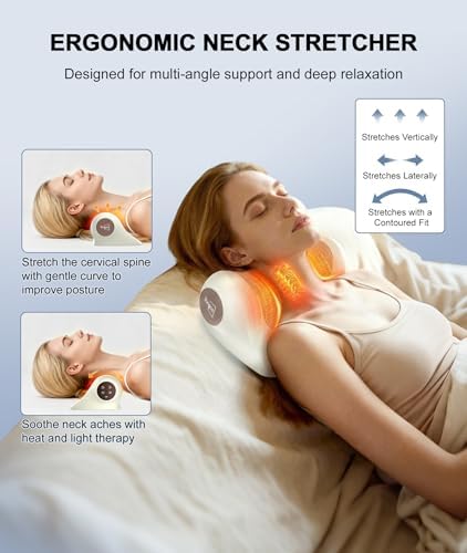 Neck Massager with Heat, Red Light & Vibration Adjustable, Heated Neck Stretcher with 3 Modes, Rechargeable Cervical Traction Device for Pain Relief & Muscle Relaxation, Gift for Women Men