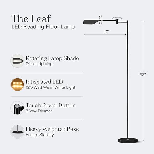 Brightech Leaf Pharmacy LED Reading Lamp, Dimmable Floor Lamp with Easy Rotation Over Chair or Desk for Living Rooms & Offices, Adjustable Standing Lamp, Tall Lamp for Sewing & Craftwork - Jet Black