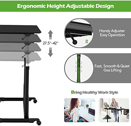 COSTWAY Mobile Height Adjustable Standing Desk, Compact Pneumatic Sit to Stand Computer Desk w/Lockable Casters, Ergonomic Rolling Laptop Table w/Steel Frame for Home Office (Black)