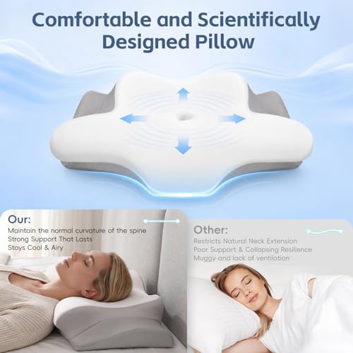 Cervical Neck Pillow, Memory Foam Pillows for Neck, 2 Heights Ergonomic Pillow with Breathable Ice Silk Cover,White