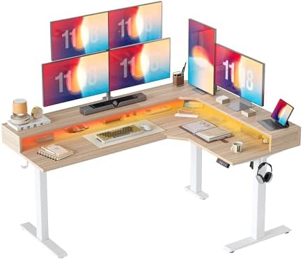 TIQLAB 63'' L-Shaped Standing Desk with LED Light Strip and Power Outlet, Height Adjustable Corner Table with Ergonomic Monitor Stand, Light Walnut
