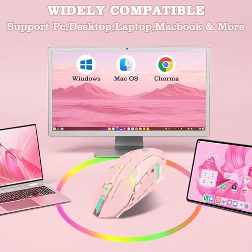 Wireless Gaming Mouse,Rechargeable Computer Mouse with Type-C Fast Charging, Ergonomic Mouse with 3 Adjustable DPI, 6 Silent Buttons, LED Light, Long Battery Life for Laptop, PC, Mac (Pink)