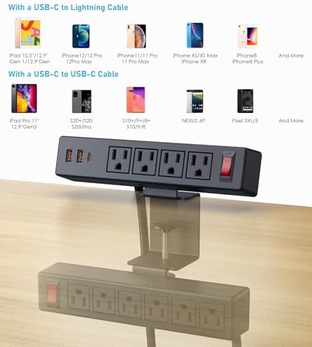 VILONG Desk Clamp Dual Layer Power Strip, 20W USB-C, 700J Surge Protector