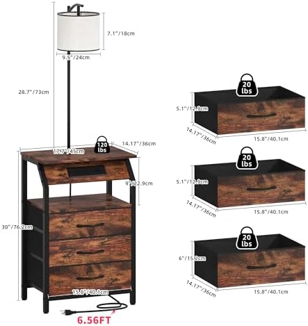 End Table with Floor Lamp Set of 2, Nightstand with Charging Station, Floor Lamp Table with 3-Color Temperature Bulb, Bedside Table Night Stand with 3 Drawers for Bedroom, Living Room, Retro