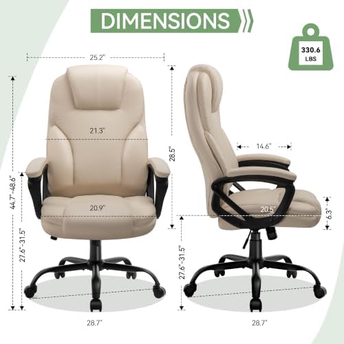 Ergonomic Office Chair with High Back, Comfy Desk Chair, Adjustable Executive Office Chair for Home Office, Big and Tall Computer Chair Heavy Duty, 360° Swivel, Faux Leather White