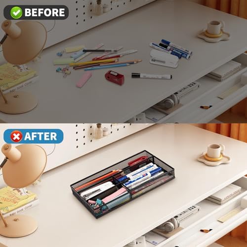 shenee Desk Drawer Organizer Tray,Drawer Organizer for Office and Home,Desk Organizer with Drawers,4 Compartments,Non-Slip Desk Organizers and Accessories for Stationery Makeup School (Black)