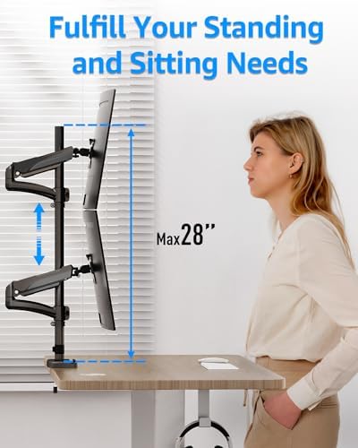MOUNTUP Vertical Dual Monitor Mount Holds 4.4-17.6lbs, up to 32 Inch Stacked Monitor Mount with Gas Spring Arm with Clamp/Grommet Base, Dual Monitor Stand for Desk, For Home Office, VESA 75x75/100x100