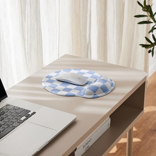 Ohocut Blue Checkered Mouse Pad with Gel Wrist Rest, Wrist Support, Ergonomic Desk Accessories for Women, Office Laptop Gaming Decor, Cute Aesthetic Trendy Check Design