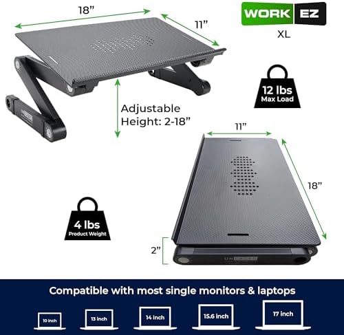 Uncaged Ergonomics WorkEZ Adjustable Laptop Stand for Desk, Laptop Stand Adjustable Height, Foldable Aluminum Cooling Computer Holder & Riser for Desk Bed, Gray, XL