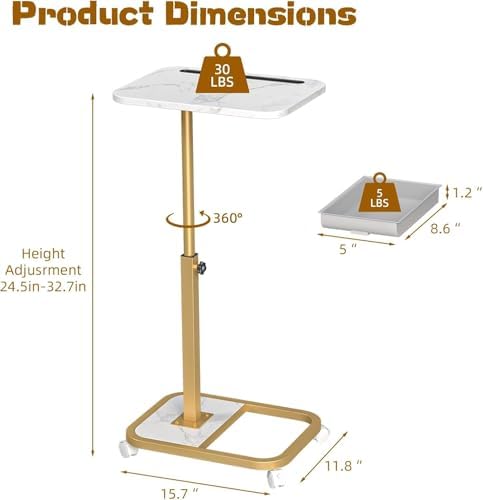 Adjustable Height TV Tray Table with Drawer, 360° Swivel C Shaped End Table, Rolling Couch Desk with Wheels, Side Tables for Living Room and Bedroom, Bed (Gold)