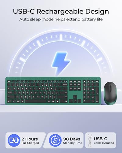 seenda Rechargeable Wireless Keyboard and Mouse Combo, Dark Green
