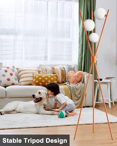 3 Globe Dimmable Tripod Floor Lamp, Mid Century Standing Lamps with 3Pcs 3000K Bulbs Included, Modern Tall Lamp for Living Room Bedroom Home Office Sofa Beside Corner Decor-Orange