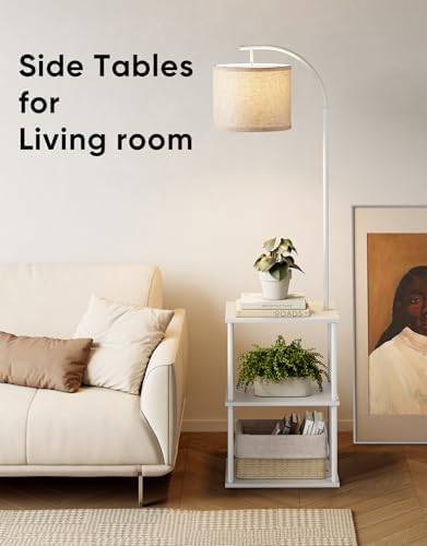 PARTPHONER Floor Lamp with Table, Night Stand with Lamp, Narrow Side Table with 3CCT LED Bulb, Small Coffee Table, Modern End Table with Storage Shelves for Living Room Bedroom Home Décor, White