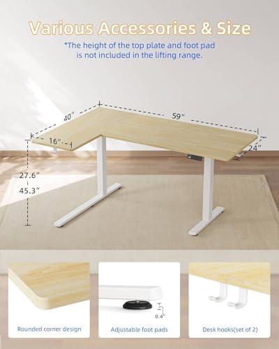 YIHAYO Reversiable L-Shaped Electric Standing Desk, 59 Inches Stand Up Corner Desk, Sit and Stand Up for Work Office Home, Ergonomic Rising Computer Table with Splice Board, Natural