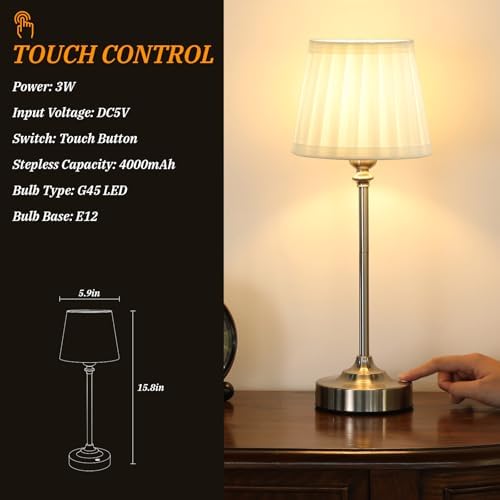 Kakanuo Cordless Table Lamp Rechargeable Silver - 1 Pack 4000mAH Battery Operated Lamp for Decor, 3000K Stepless Dimming Touch Control Wireless Lamp for Bedroom, Dining Table, Counter, Living Room