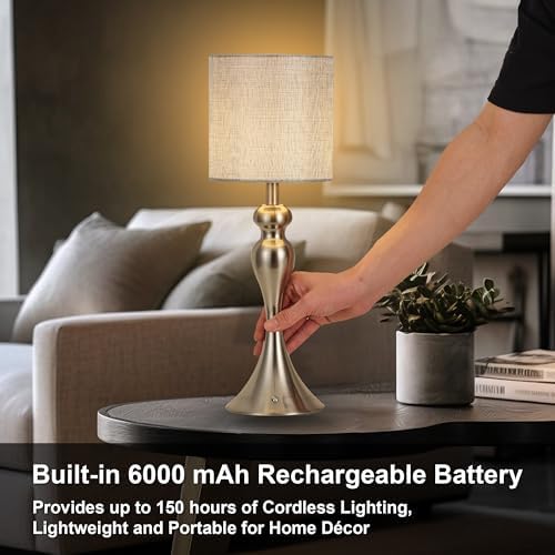 Cordless Table Lamp Rechargeable, Battery Fabric Bedside Touch Light Nickel