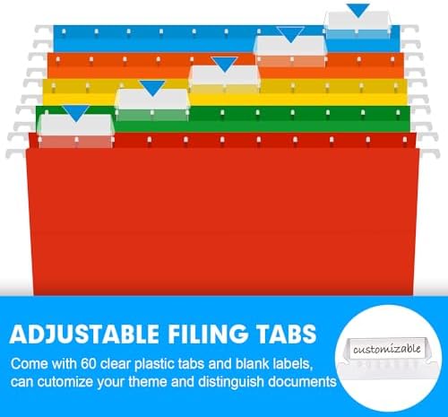 Extra Capacity Hanging File Folders, RAZCC 60 Pack Letter Size Reinforced Hanging Folders with Heavy Duty 2 Inch Expansion for Bulky Files, Filing Cabinet, Adjustable Tabs, Assorted Colors
